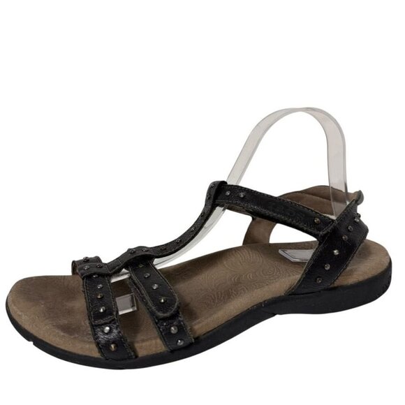 Taos Party 2 Black Leather Sandals Studded T-Strap Adjustable Women's Size 11 - Picture 1 of 15